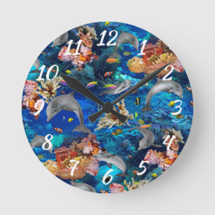 Ocean Dolphins Swimming Around Coral Reef Round Clock