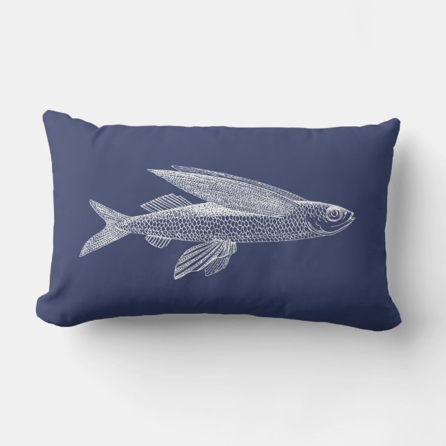 Ocean Fish Navy Blue White Outdoor  Lumbar Pillow (Front)