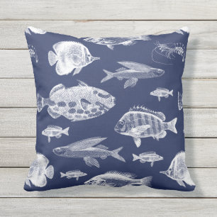 Ocean Fish Navy Blue White Outdoor Pillow