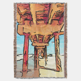 Ocean fishing pier illustration throw blanket