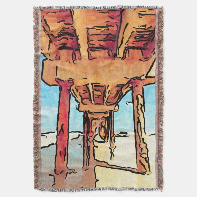 Ocean fishing pier illustration throw blanket (Front Vertical)