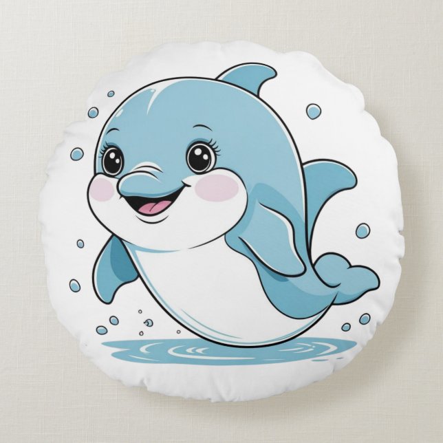 Ocean Friends Cute Sea Creatures Dolphin  Round Cushion (Front)