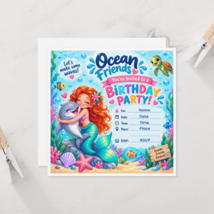 Ocean Friends Mermaid & Dolphin Birthday Invitatio Invitation