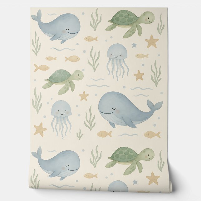 Ocean Friends Nursery Wallpaper – Whales, Turtles, (Unrolling)