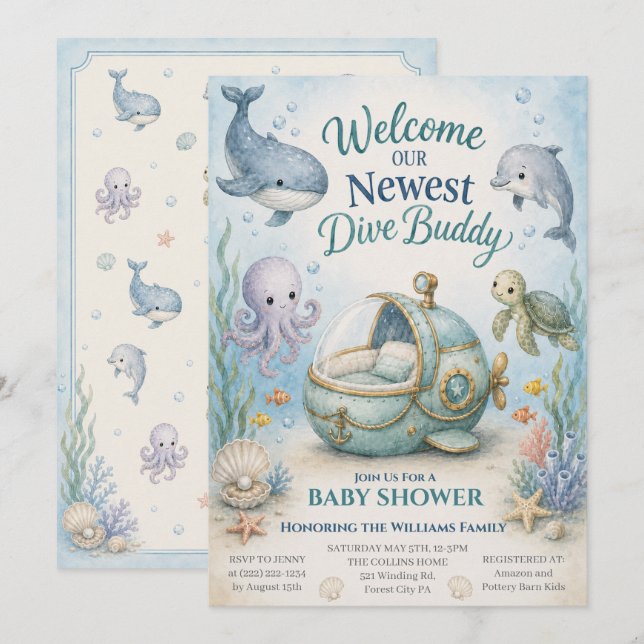 Ocean Future Diver Baby Shower Invite w/ Bassinet (Front/Back)