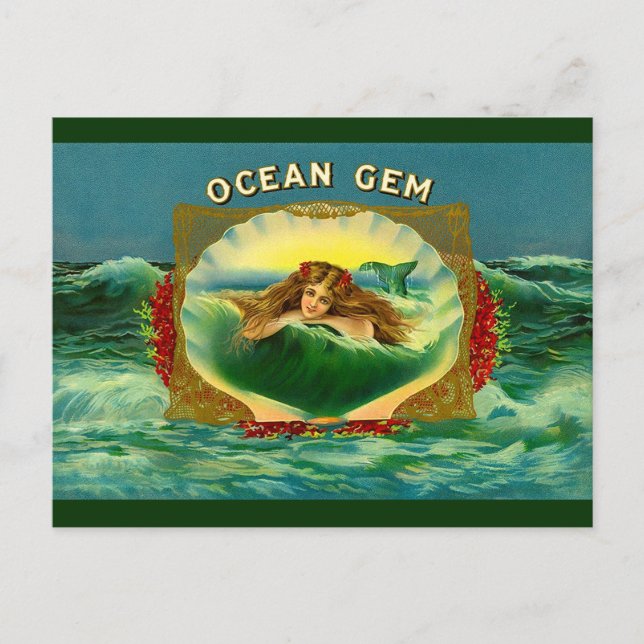 Ocean Gem mermaid cigar label Postcard (Front)
