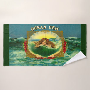 Ocean Gem mermaid cigar label print Bath Towel Set