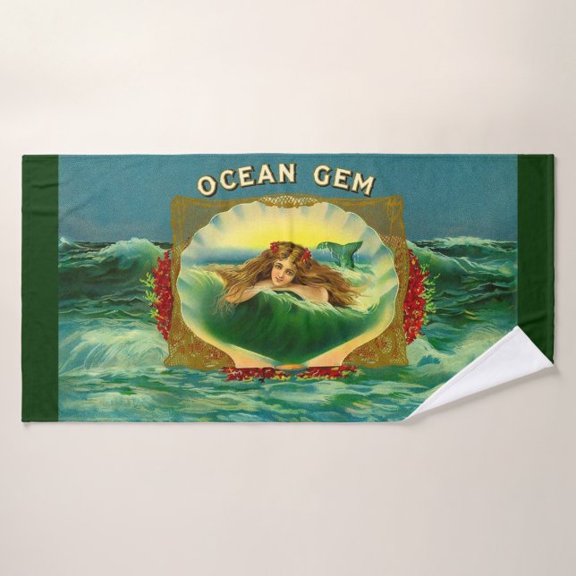Ocean Gem mermaid cigar label print Bath Towel Set (Bath Towel)