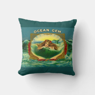 Ocean Gem mermaid cigar label print Cushion