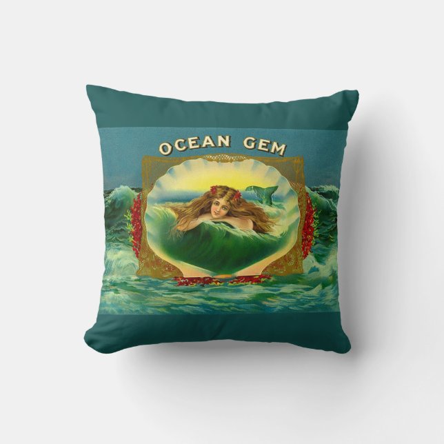 Ocean Gem mermaid cigar label print Cushion (Front)