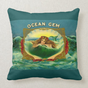 Ocean Gem mermaid cigar label print Cushion