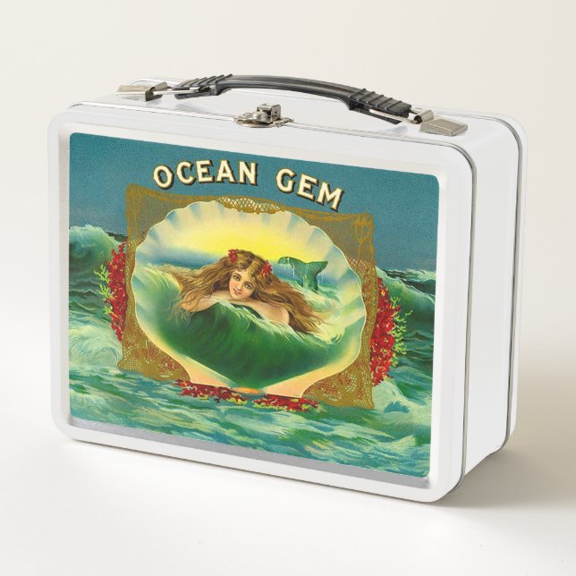 Ocean Gem mermaid cigar label print Metal Lunch Box (Front)