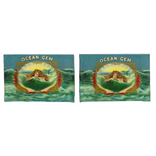 Ocean Gem mermaid cigar label print Pillowcase