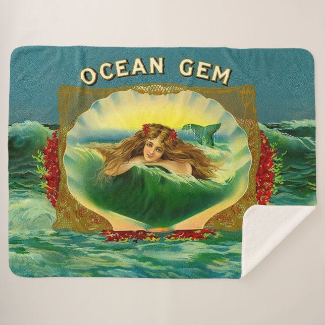 Ocean Gem mermaid cigar label print Sherpa Blanket (Front (Horizontal))