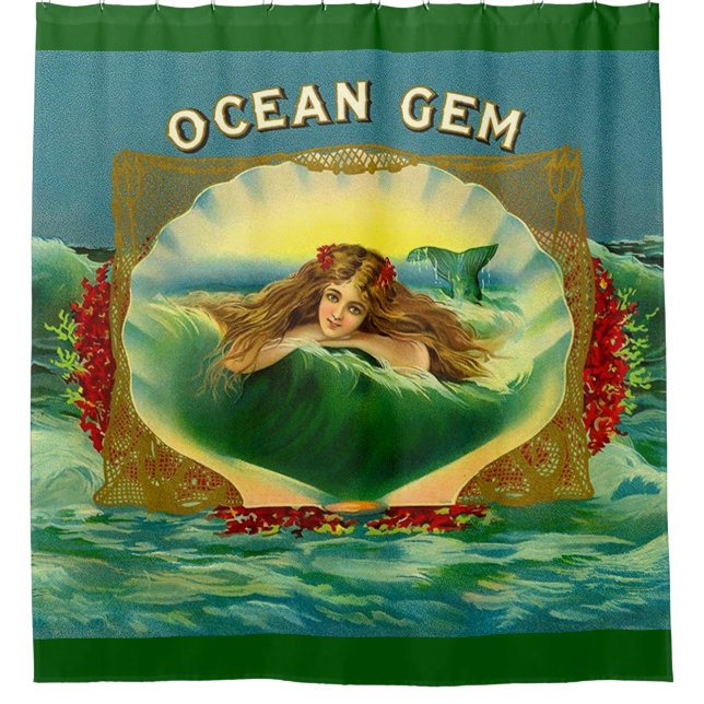 Ocean Gem mermaid cigar label print Shower Curtain (Front)