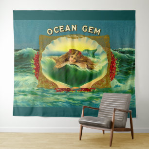 Ocean Gem mermaid cigar label print Tapestry