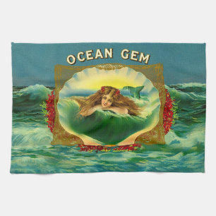 Ocean Gem mermaid cigar label print Tea Towel