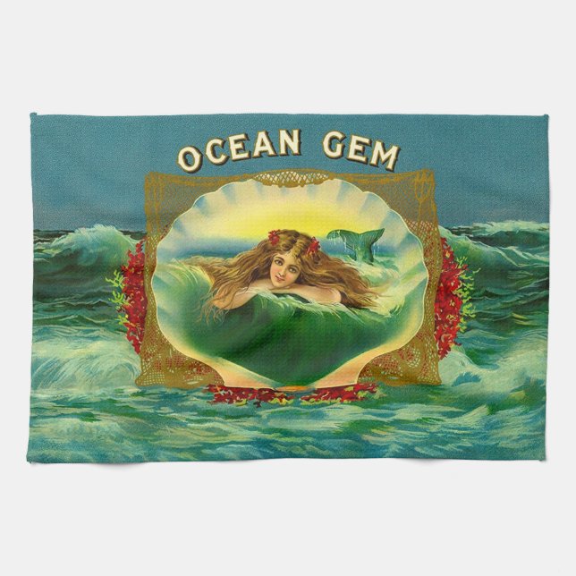 Ocean Gem mermaid cigar label print Tea Towel (Horizontal)