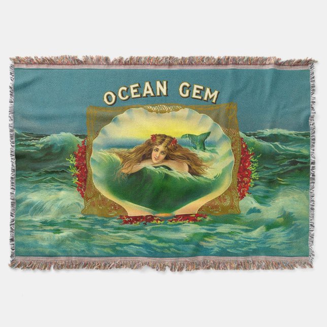 Ocean Gem mermaid cigar label print Throw Blanket (Front)