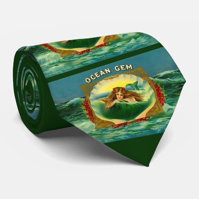 Ocean Gem mermaid cigar label print Tie (Rolled)