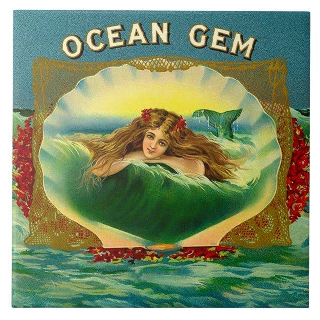 Ocean Gem mermaid cigar label print Tile (Front)