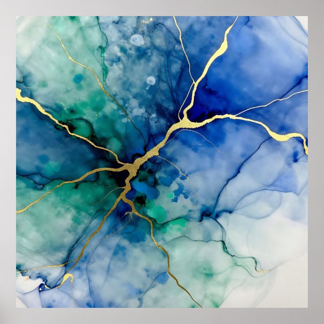 Ocean Geode Alcohol Ink Gold Veins Poster (Front)