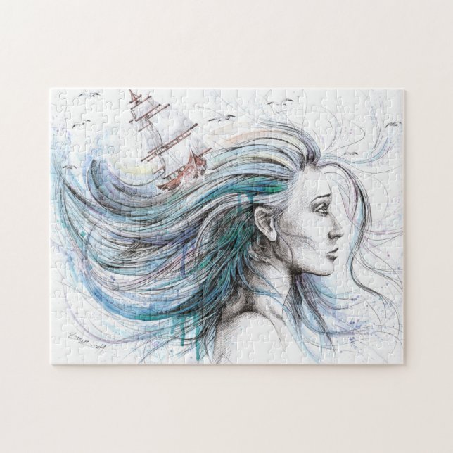 Ocean girl Nautical Surreal Watercolor art Jigsaw Puzzle (Horizontal)