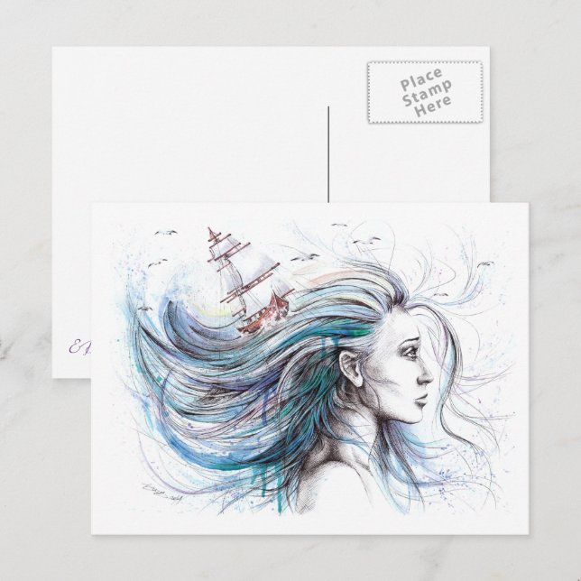 Ocean girl Nautical Surreal Watercolor art Postcard (Front/Back)