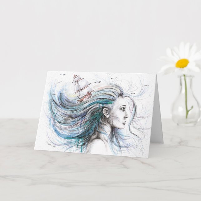 Ocean girl Nautical Surreal Watercolor Ink art Card (Small Plant)