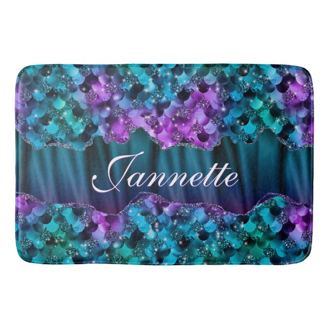 Ocean Glam Turquoise Purple Mermaid Faux Glitter Bath Mat (Front)