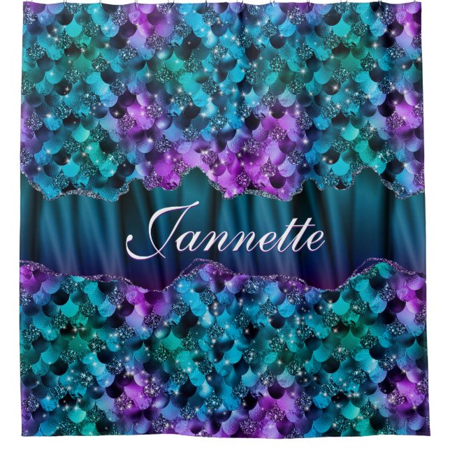 Ocean Glam Turquoise Purple Mermaid Faux Glitter Shower Curtain (Front)