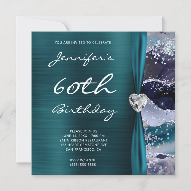 Ocean Glittery Agate Glam Teal Foil 60th Birthday Invitation (Front)