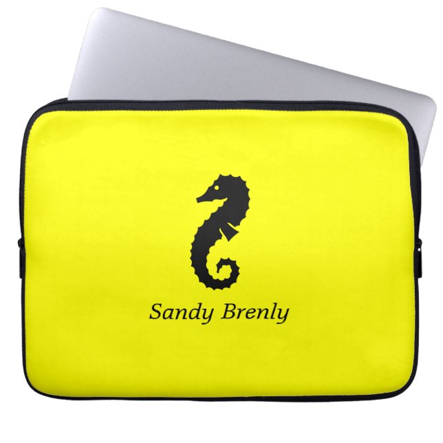 Ocean Glow_Black-on-Yellow Seahorse_personalized Laptop Sleeve (Front)
