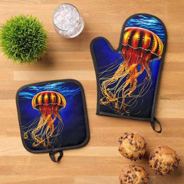 Ocean Glow Jelly Design Oven Mitt & Pot Holder Set (Top Down)