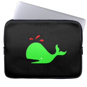 Ocean Glow_Spouty Whale Bright Green, Red on black Laptop Sleeve