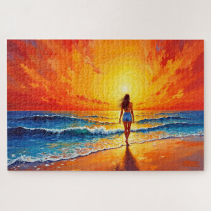 Ocean golden hour glow orange sunset art jigsaw puzzle
