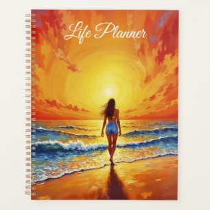 Ocean golden hour glow orange sunset art planner