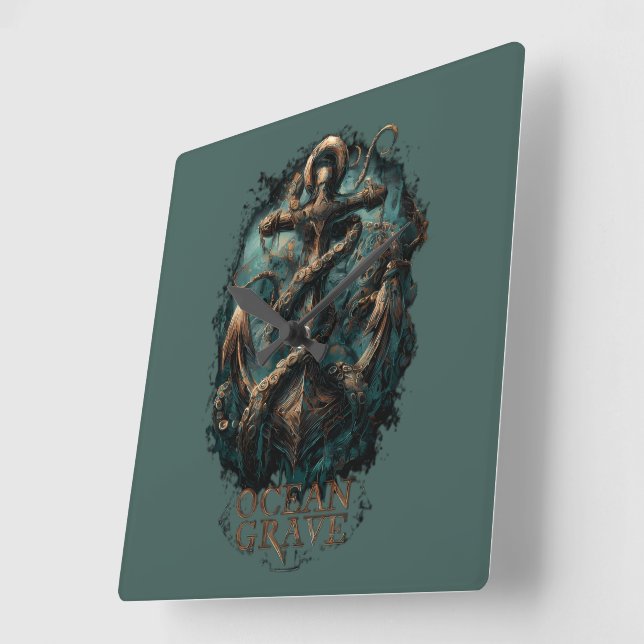 Ocean Grave Kraken Anchor Dark Fantasy Square Wall Clock (Angle)
