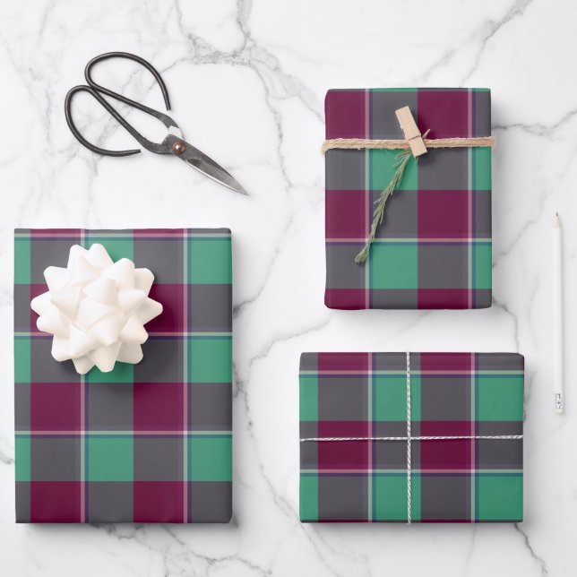 Ocean Green and Mulberry Wood Plaid Burgundy Wrapping Paper Sheet (Front)