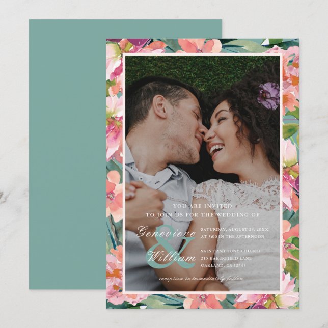 Ocean Green and Peach Flowers Photo Wedding Invitation (Front/Back)