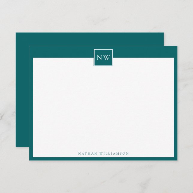 Ocean Green Monogram Single Broad Border Note Card (Front/Back)