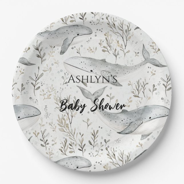 Ocean Grey Whales Baby Shower Paper Plate (Front)