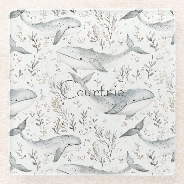 Ocean Grey Whales Glass Coaster (Front)
