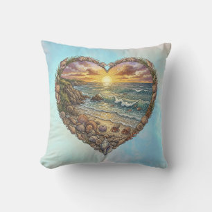 Ocean Heart Coastal Wave Sea Turtle Beach Sunset Cushion
