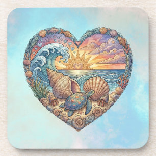 Ocean Heart Tropical Beach Wave Sea Turtle Art Coaster