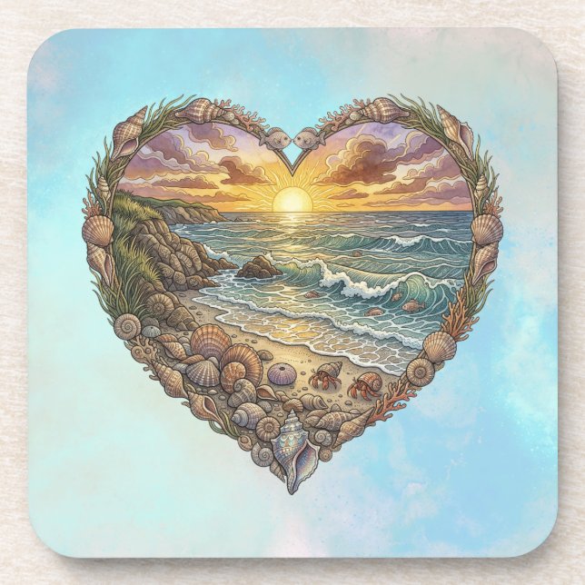 Ocean Heart Tropical Beach Wave Sea Turtle Art Coaster (Front)
