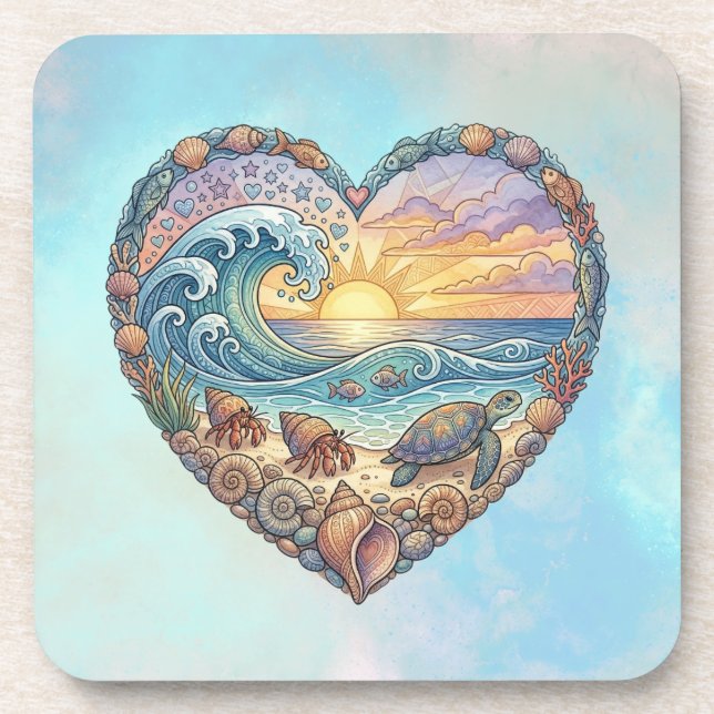 Ocean Heart Tropical Beach Wave Sea Turtle Art Coaster (Front)