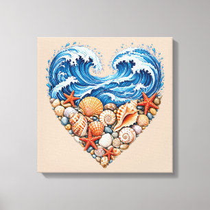 Ocean Heart Waves and Shells – Coastal Beach Wall  Canvas Print