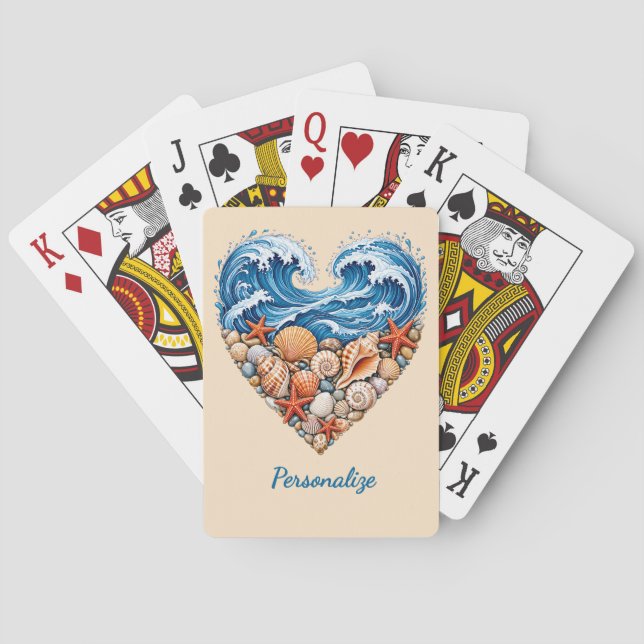 Ocean Heart Waves and Shells – Coastal Personalise Playing Cards (Back)