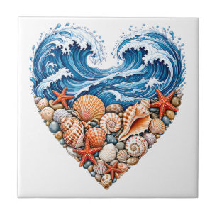 Ocean Heart Waves Seashells – Coastal Beach Art Tile